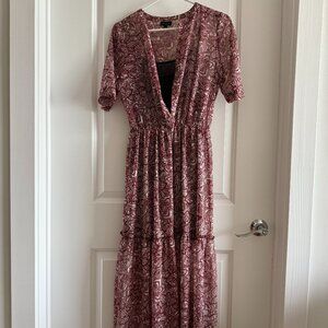 Who What Wear Brick Red Cream Floral Paisley Ruffle Midi Prairie Dress with Slip